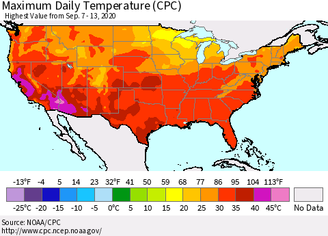 United States Maximum Daily Temperature (CPC) Thematic Map For 9/7/2020 - 9/13/2020