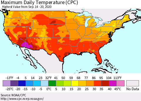 United States Extreme Maximum Temperature (CPC) Thematic Map For 9/14/2020 - 9/20/2020
