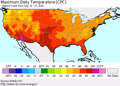 United States Maximum Daily Temperature (CPC) Thematic Map For 9/21/2020 - 9/27/2020
