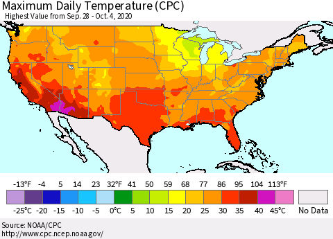 United States Maximum Daily Temperature (CPC) Thematic Map For 9/28/2020 - 10/4/2020