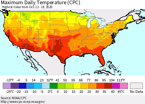 United States Maximum Daily Temperature (CPC) Thematic Map For 10/12/2020 - 10/18/2020