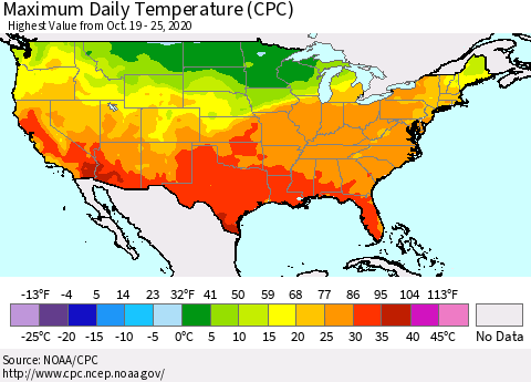 United States Extreme Maximum Temperature (CPC) Thematic Map For 10/19/2020 - 10/25/2020