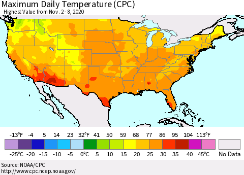 United States Maximum Daily Temperature (CPC) Thematic Map For 11/2/2020 - 11/8/2020