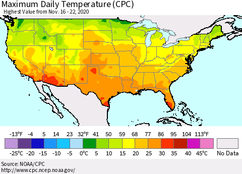 United States Maximum Daily Temperature (CPC) Thematic Map For 11/16/2020 - 11/22/2020
