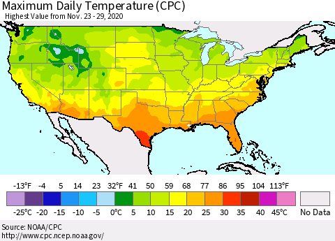 United States Maximum Daily Temperature (CPC) Thematic Map For 11/23/2020 - 11/29/2020