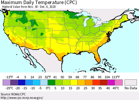 United States Maximum Daily Temperature (CPC) Thematic Map For 11/30/2020 - 12/6/2020