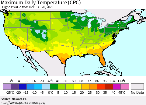 United States Maximum Daily Temperature (CPC) Thematic Map For 12/14/2020 - 12/20/2020