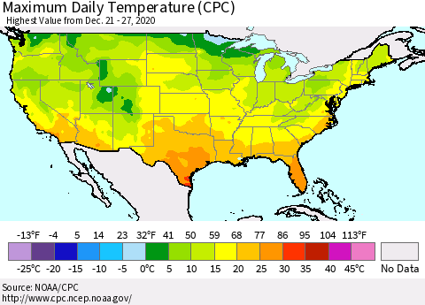 United States Maximum Daily Temperature (CPC) Thematic Map For 12/21/2020 - 12/27/2020