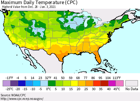 United States Maximum Daily Temperature (CPC) Thematic Map For 12/28/2020 - 1/3/2021