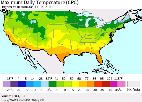 United States Extreme Maximum Temperature (CPC) Thematic Map For 1/18/2021 - 1/24/2021