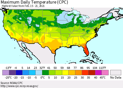 United States Extreme Maximum Temperature (CPC) Thematic Map For 2/15/2021 - 2/21/2021