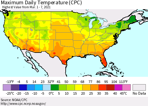 United States Maximum Daily Temperature (CPC) Thematic Map For 3/1/2021 - 3/7/2021