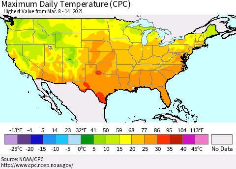United States Maximum Daily Temperature (CPC) Thematic Map For 3/8/2021 - 3/14/2021