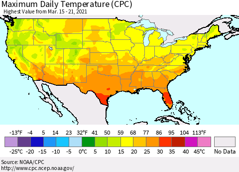 United States Maximum Daily Temperature (CPC) Thematic Map For 3/15/2021 - 3/21/2021