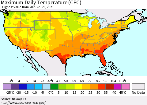 United States Extreme Maximum Temperature (CPC) Thematic Map For 3/22/2021 - 3/28/2021