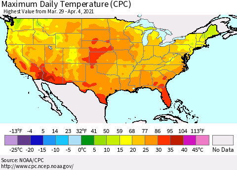 United States Maximum Daily Temperature (CPC) Thematic Map For 3/29/2021 - 4/4/2021