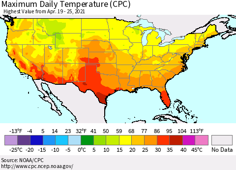 United States Extreme Maximum Temperature (CPC) Thematic Map For 4/19/2021 - 4/25/2021