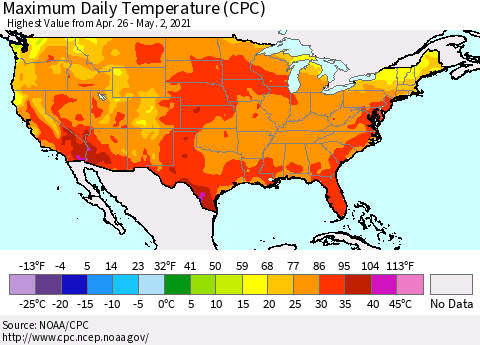 United States Maximum Daily Temperature (CPC) Thematic Map For 4/26/2021 - 5/2/2021