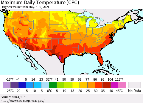 United States Maximum Daily Temperature (CPC) Thematic Map For 5/3/2021 - 5/9/2021