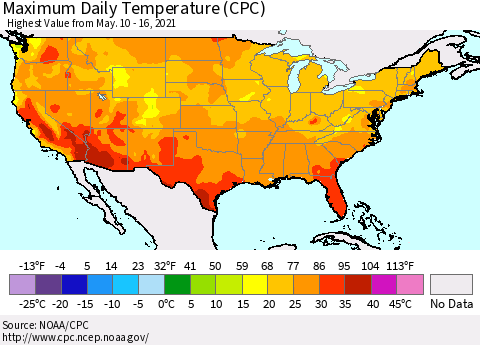 United States Maximum Daily Temperature (CPC) Thematic Map For 5/10/2021 - 5/16/2021