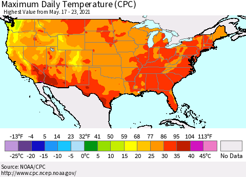 United States Maximum Daily Temperature (CPC) Thematic Map For 5/17/2021 - 5/23/2021