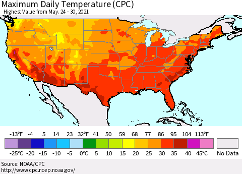 United States Maximum Daily Temperature (CPC) Thematic Map For 5/24/2021 - 5/30/2021