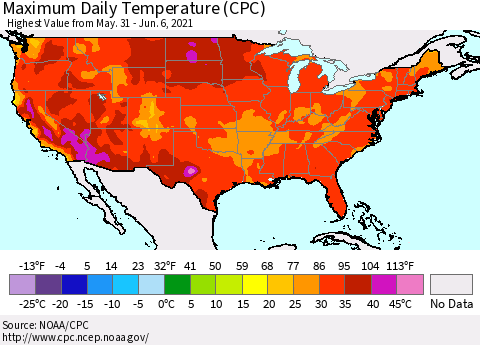 United States Maximum Daily Temperature (CPC) Thematic Map For 5/31/2021 - 6/6/2021