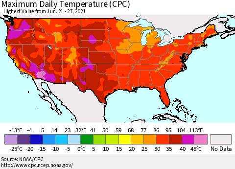 United States Maximum Daily Temperature (CPC) Thematic Map For 6/21/2021 - 6/27/2021