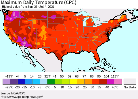 United States Maximum Daily Temperature (CPC) Thematic Map For 6/28/2021 - 7/4/2021