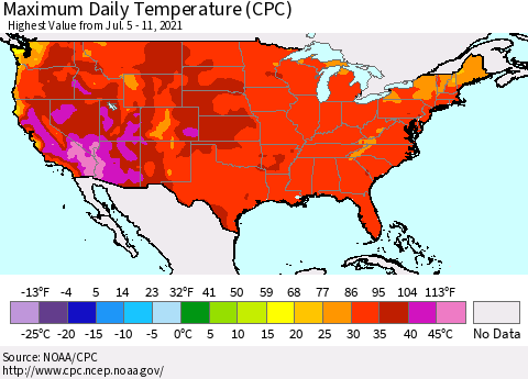 United States Maximum Daily Temperature (CPC) Thematic Map For 7/5/2021 - 7/11/2021