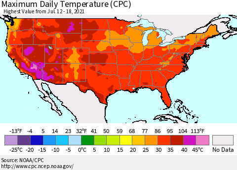 United States Maximum Daily Temperature (CPC) Thematic Map For 7/12/2021 - 7/18/2021