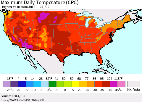 United States Maximum Daily Temperature (CPC) Thematic Map For 7/19/2021 - 7/25/2021