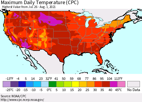 United States Maximum Daily Temperature (CPC) Thematic Map For 7/26/2021 - 8/1/2021