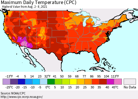 United States Maximum Daily Temperature (CPC) Thematic Map For 8/2/2021 - 8/8/2021