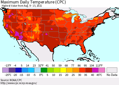 United States Maximum Daily Temperature (CPC) Thematic Map For 8/9/2021 - 8/15/2021