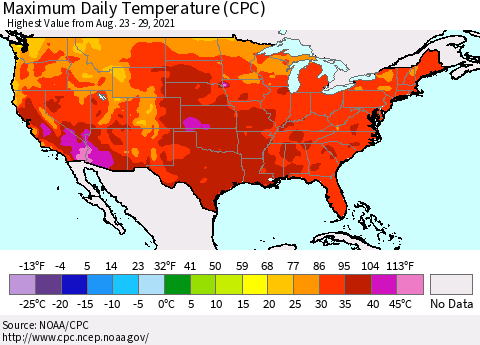 United States Maximum Daily Temperature (CPC) Thematic Map For 8/23/2021 - 8/29/2021
