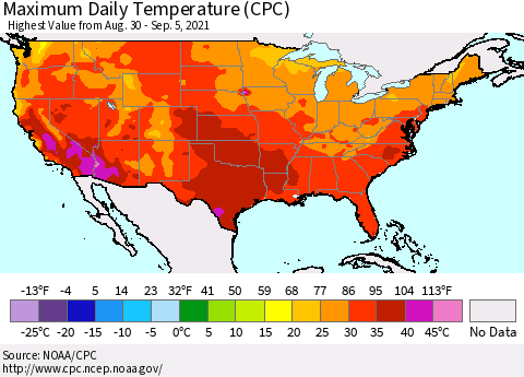 United States Maximum Daily Temperature (CPC) Thematic Map For 8/30/2021 - 9/5/2021