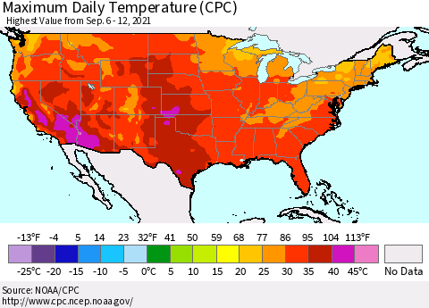 United States Maximum Daily Temperature (CPC) Thematic Map For 9/6/2021 - 9/12/2021