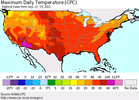 United States Maximum Daily Temperature (CPC) Thematic Map For 9/13/2021 - 9/19/2021