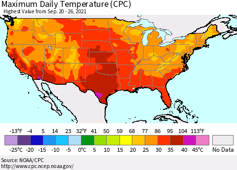 United States Maximum Daily Temperature (CPC) Thematic Map For 9/20/2021 - 9/26/2021
