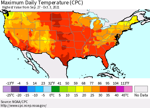 United States Maximum Daily Temperature (CPC) Thematic Map For 9/27/2021 - 10/3/2021