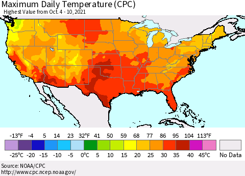 United States Maximum Daily Temperature (CPC) Thematic Map For 10/4/2021 - 10/10/2021