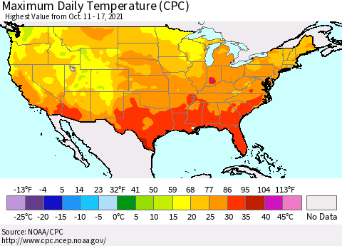 United States Maximum Daily Temperature (CPC) Thematic Map For 10/11/2021 - 10/17/2021