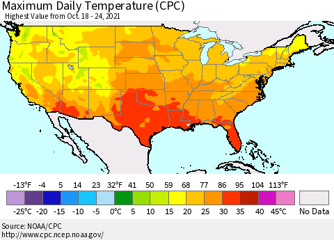 United States Maximum Daily Temperature (CPC) Thematic Map For 10/18/2021 - 10/24/2021