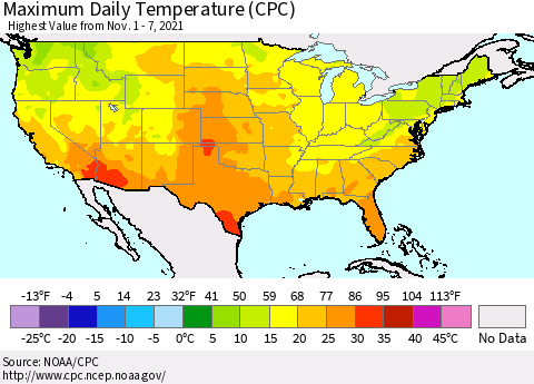 United States Maximum Daily Temperature (CPC) Thematic Map For 11/1/2021 - 11/7/2021
