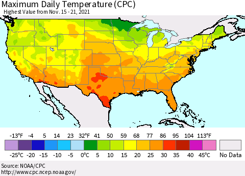 United States Maximum Daily Temperature (CPC) Thematic Map For 11/15/2021 - 11/21/2021