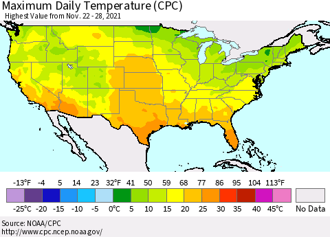 United States Maximum Daily Temperature (CPC) Thematic Map For 11/22/2021 - 11/28/2021