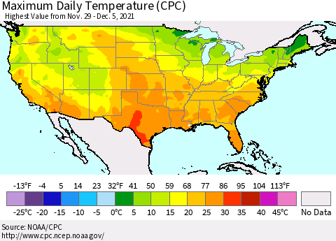 United States Maximum Daily Temperature (CPC) Thematic Map For 11/29/2021 - 12/5/2021