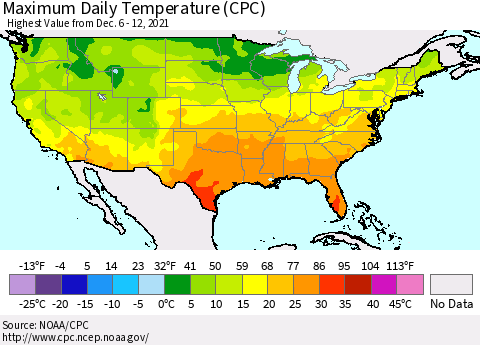 United States Maximum Daily Temperature (CPC) Thematic Map For 12/6/2021 - 12/12/2021