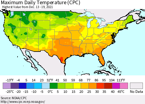 United States Maximum Daily Temperature (CPC) Thematic Map For 12/13/2021 - 12/19/2021